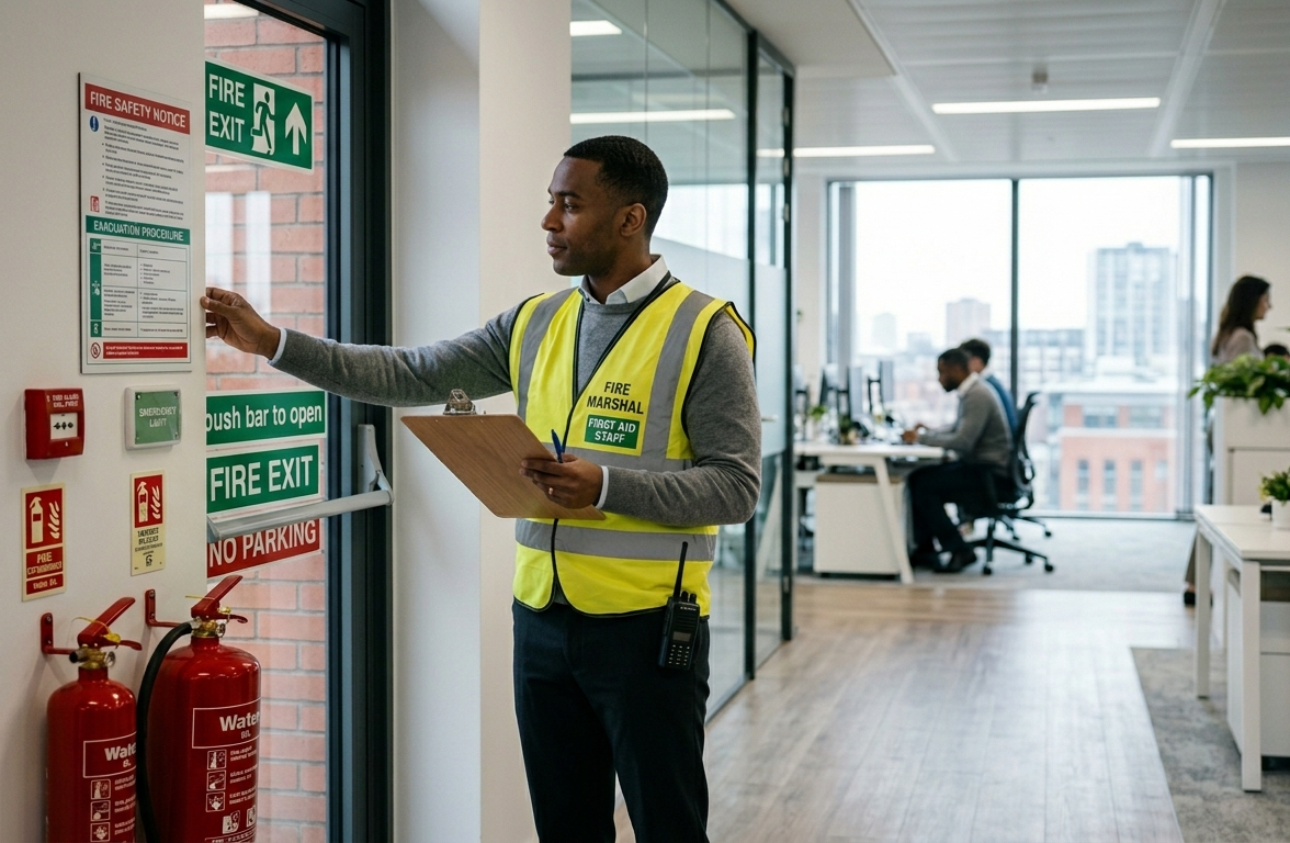 Fire marshal checking fire exits in the workplace Fire marshal checking fire exits in the workplace